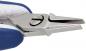 Preview: The image shows a pair of pliers with narrow, pointed metal jaws. The handle is ergonomically designed, in blue and gray. The pliers are open and ready for use.