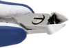 Preview: The image shows a nail clipper with a shiny, sharp blade. The handle has a blue and white color scheme. It is compact and used for trimming nails.