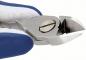Preview: The image shows a close-up of pliers with curved, sharp blades. The handle is blue and has a rubberized surface for better grip. The pliers are made of shiny metal.