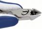 Preview: The image shows a side view of a nail clipper. The handle is blue and white, the blades are metallic and sharp. The blades are slightly open, ready for cutting.