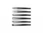 Preview: The image shows six slim, black tweezers arranged in a row. They have different tip shapes, are made of metal, and appear precise and handy.
