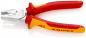 Preview: The image shows a combination pliers with red and yellow plastic handles. The tip of the pliers is metallic and has a serrated area for gripping. It is from the brand KNIPEX.