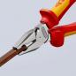 Preview: The image shows a pair of pliers with red and yellow handles. The jaws of the pliers are gripping a thick piece of wood. The background is bright and neutral, highlighting the pliers effectively.