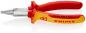 Preview: The image shows a pair of pliers with pointed, narrow jaws and a plastic handle. The handles are red with yellow accents. On the handles it says "KNIPEX" and "1000 V" for insulation.