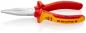Preview: The image shows a red and yellow pliers with a long, pointed, and flat working surface. It has ergonomic handles and is placed on a reflective surface.