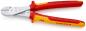 Preview: The image shows a pair of pliers with red and yellow insulated handles. The pliers have a pointed cutting edge and a shiny metallic surface. They are from KNIPEX.