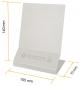 Preview: The image displays a white table sign holder with a vertical sheet and a sturdy base. The dimensions are 14 cm high, 10.5 cm wide, and 7 cm deep.