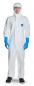 Preview: In the picture, there is a person in a white hooded protective suit. They are wearing blue gloves and safety goggles. The person appears professional and protected.