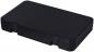 Preview: The image shows a rectangular, black plastic box with smooth surfaces and flattened edges. The box has two small clasps on the long sides.