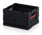 Preview: The image shows a black plastic box with open sides and a red-orange handle. The box has a diamond-shaped pattern on the sides and is stackable.