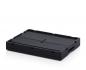 Preview: The image shows a rectangular, flat box made of black plastic. It has a smooth surface with slight patterned textures and rounded corners. There are two small holes in the center.