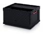 Preview: The picture shows a black plastic box with an open lid. The sides have a diamond-shaped pattern, and one side has a red handle. It is sturdy and easily stackable.