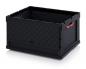 Preview: It is a black plastic box with an open, rectangular design. The sides are adorned with a diamond-shaped pattern, one side features red handles. There are ventilated openings on both sides.