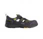 Preview: The shoe is a sporty, dark gray sandal boot with yellow and blue accents. It has a padded strap and is designed with multiple openings for breathability.