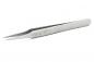 Preview: The image shows a silver, pointed precision tweezer. It has two narrow, slender tips and a flat handle that is slightly curved. It is made of metal.