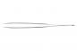 Preview: The image shows a long, narrow metal tweezer. It has two pointed jaws that meet, and a flat, straight base. The surface is shiny and reflective.