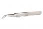Preview: The image shows a sharp, curved tweezer made of stainless steel. It has a narrow, elongated shape and is shiny. One side is slightly beveled for precise gripping.