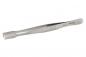 Preview: The image shows a narrow, silver metal tweezer. It has a straight shape with slightly ridged handles for better grip. The tip is straight and narrow.