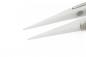 Preview: The image shows the tips of a pair of scissors. They are narrow and sharp, made from shiny metal, with a silver hinge in the center. The background is solid white.