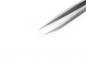 Preview: The image shows a calm, silver tweezer with pointed ends. The background is solid white. The surface of the tweezer is smooth with a fine grooved texture.
