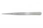 Preview: The image shows a narrow, metallic tweezer. It has a pointed shape with a ridged grip surface for better hold and is completely silver-colored.