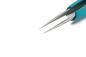 Preview: The image shows a narrow pair of tweezers with pointed tips. The handle is turquoise, while the tips are made of shiny metal. The background is white and solid.