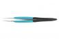 Preview: The image shows a pair of tweezers with two long, narrow tips. The handles are coated with blue and black rubber for better handling.
