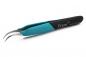 Preview: The image shows a narrow pair of tweezers with two curved tips. The handle is made of black and turquoise material, ergonomically designed for a better grip.