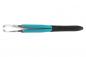 Preview: The image shows a pair of pliers with a slim, curved shape. The handle is partially covered with black and turquoise rubber, while the head is made of silver metal.