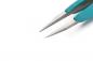 Preview: The image shows a delicate, pointed tweezer with metallic tips. The handles are in a light turquoise, against a white background.