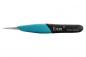 Preview: The image displays a fine tweezer with a blue rubberized handle and a black surface. It is made in Switzerland and features a sharp, precise working area.