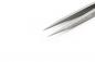 Preview: The image shows a metallic tweezer with long, pointed tips. The surfaces are shiny, and the tweezer is lying on a bright, solid-colored background.