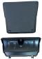 Preview: The image shows two black plastic parts. Above, a small, flat lid with rounded corners. Below, a deeper, curved shape with notches and fastening elements.