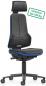 Preview: The office chair is black with blue accents. It has a high backrest and a headrest. The seat is padded, and it has five casters for mobility. Load capacity up to 180 kg.