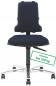 Preview: The office chair has a dark blue upholstery with a high backrest. It is mounted on a chrome-colored base with five casters. It can support up to 160 kg.