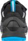 Preview: The image shows the rear view of a sporty shoe. It is primarily black with blue and white accents. The sole is wide and sturdy, with textured details.