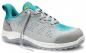 Preview: The shoe is a sporty sneaker in gray and turquoise. It has a breathable surface with side holes and a flexible rubber sole. The laces are loosely tied.