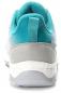 Preview: This is a sports shoe made of gray and turquoise material. The heel is slightly raised and the shoe has a white sole. The upper appears soft and padded.