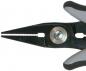 Preview: The image shows a pair of pliers with pointed, narrow jaws. The pliers are black with gray rubber grips. A round screw connects the two parts of the pliers. The jaws have a serrated surface.