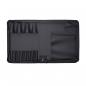 Preview: The picture shows a black, open bag with multiple compartments. On the left side, there are narrow pockets for pens or tools. On the right, there is a larger compartment and a flat, sewn-on pocket.