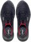 Preview: Here are two black athletic shoes with a smooth upper. They have a round toe cap, a comfortable shaft, and black laces with red accents.