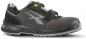 Preview: The shoe is a sporty, dark sneaker with gray and black elements. It has a padded collar, a non-slip sole, and two Velcro straps for a secure fit.