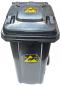Preview: The waste container is black with a yellow hazard symbol indicating radioactive materials. It has a solid lid and wheels for transportation.