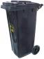 Preview: The trash can is black and has two wheels. It has a lid with a handle and a warning symbol for radioactive materials on the side.