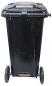 Preview: The image shows a black trash can with two wheels. It has a solid lid that is secured with a lock. The front is smooth and straight.