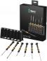 Preview: The image displays a set of seven small screwdrivers with yellow and black handles. They are arranged in a compact, black stand that also serves as packaging.