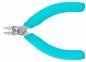 Preview: The image shows a pair of pliers with short, pointed blades. The handles are turquoise and ergonomically shaped, allowing for a comfortable grip. The blades are made of metal and are shiny.