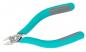 Preview: The image shows a pair of flat side cutters with turquoise, ergonomic handles. The cutting surfaces are silver-colored and taper to a point, ideal for cutting fine materials.