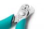 Preview: The image shows a small, precise pair of pliers with blue handles. The jaws of the pliers are narrow and pointed, ideal for cutting or gripping. The pliers are marked with "Weller" and "Erem Swiss".