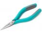 Preview: The image shows a pair of pliers with long, pointed metallic jaws and ergonomic, turquoise rubber handles. The pliers are suitable for precise tasks.
